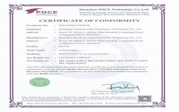 Chine Sunshine Opto-electronics Enterprise Co.,ltd Certifications