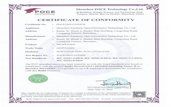 Chine Sunshine Opto-electronics Enterprise Co.,ltd Certifications