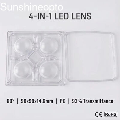 Lentille optique PC LED 90 × 90 mm avec angle de faisceau de 60 ° pour les lumières industrielles de grande hauteur