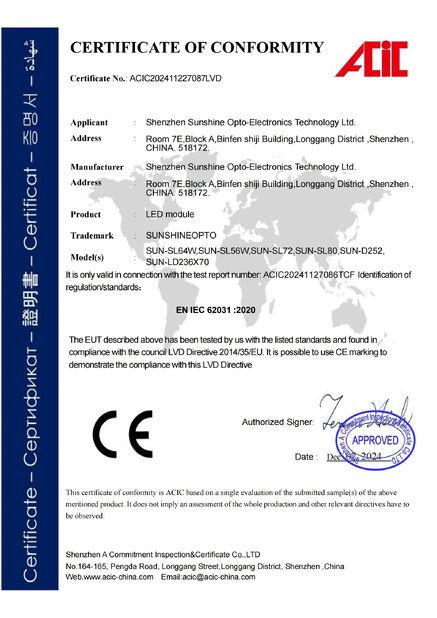 LA CHINE Sunshine Opto-electronics Enterprise Co.,ltd certifications